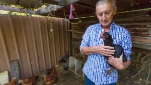 Eric Cooper in his backyard chicken coop