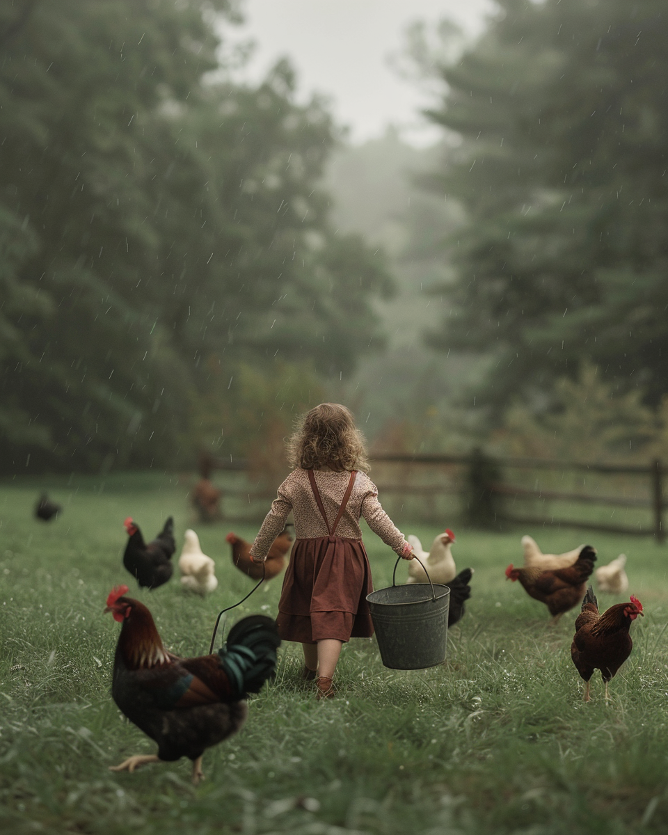 Small Girl Tending Chickens