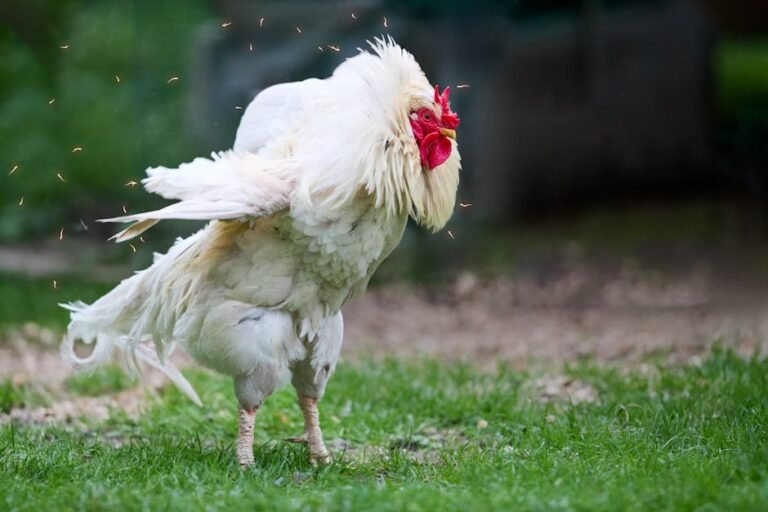 A vibrant white rooster shaking its feathers on a farm, creating a dynamic scene.