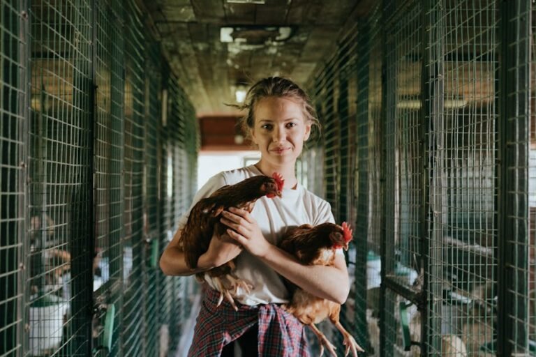 A young woman standing in a chicken coop holding two hens, showcasing farm life.