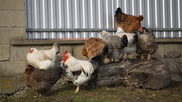 A diverse group of chickens and roosters resting on a log outdoors near a rustic wall.