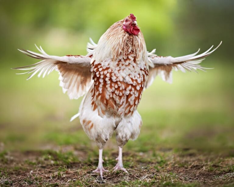 A proud rooster spreads its wings in a rural outdoor setting, showcasing vibrant plumage.