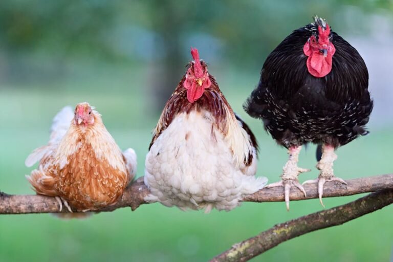 Three colorful chickens perched on a branch, showcasing their vibrant feathers in a rural garden setting.